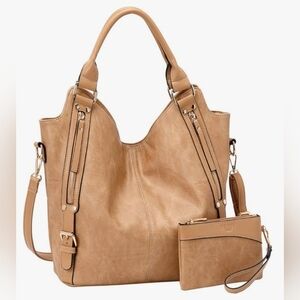 Genuine Tan Leather Tote Hobo Satchel Handbag  Set